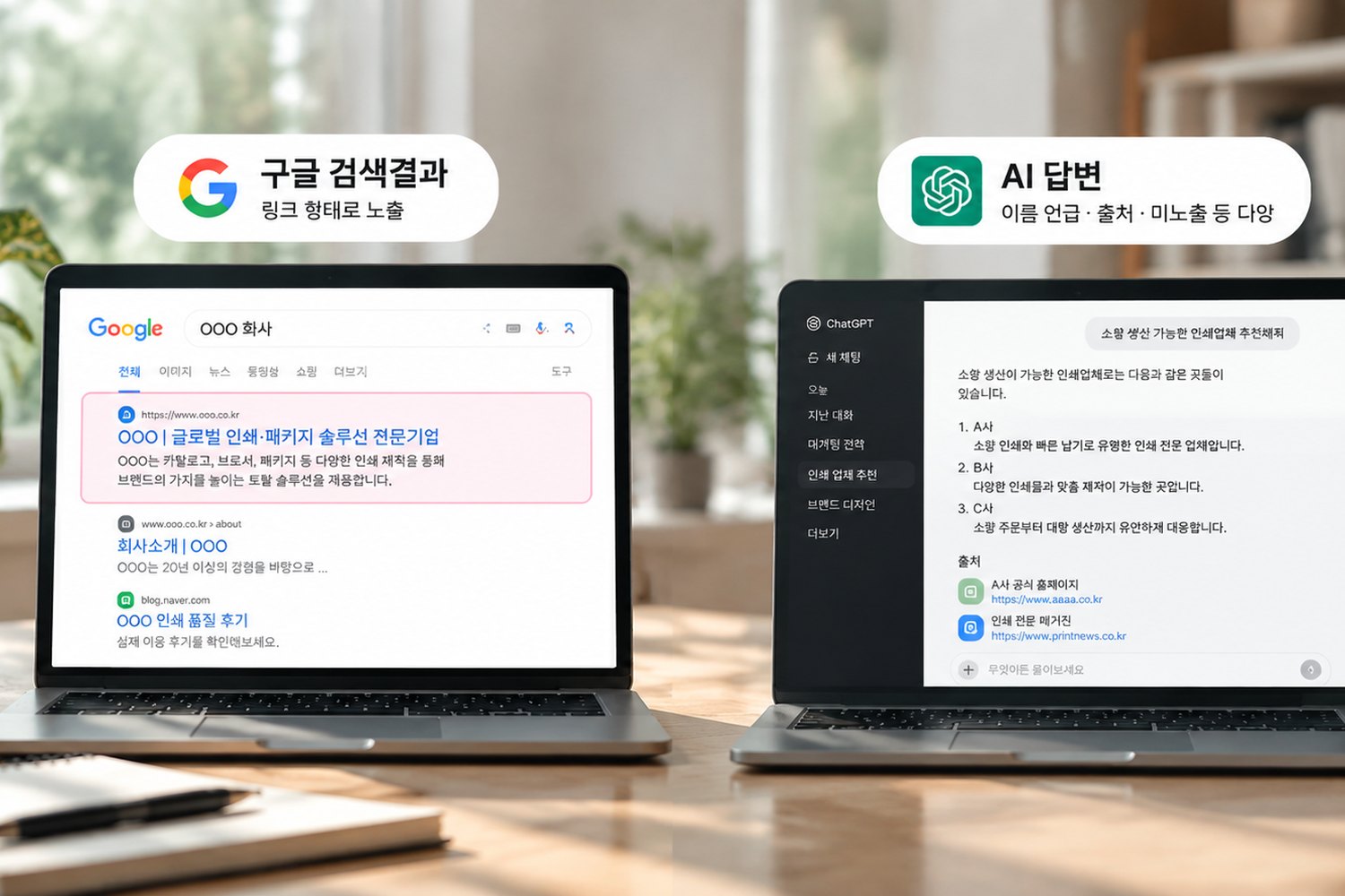 구글 검색결과와 AI 답변에서 회사가 나타나는 방식 비교