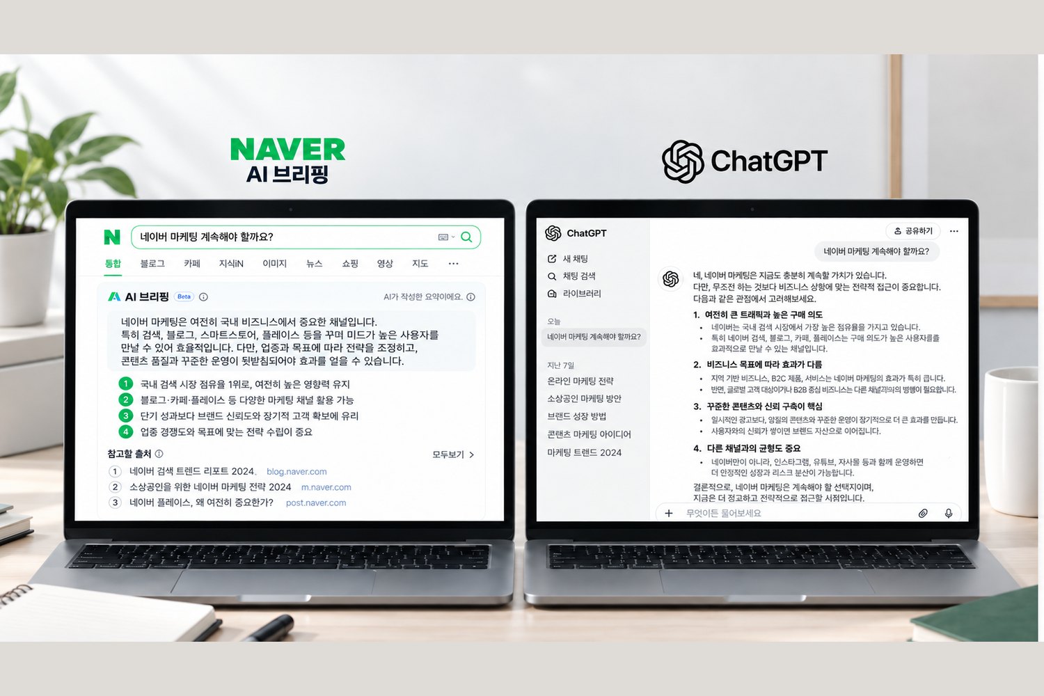 같은 질문에 대한 네이버 AI 브리핑과 ChatGPT 답변 비교