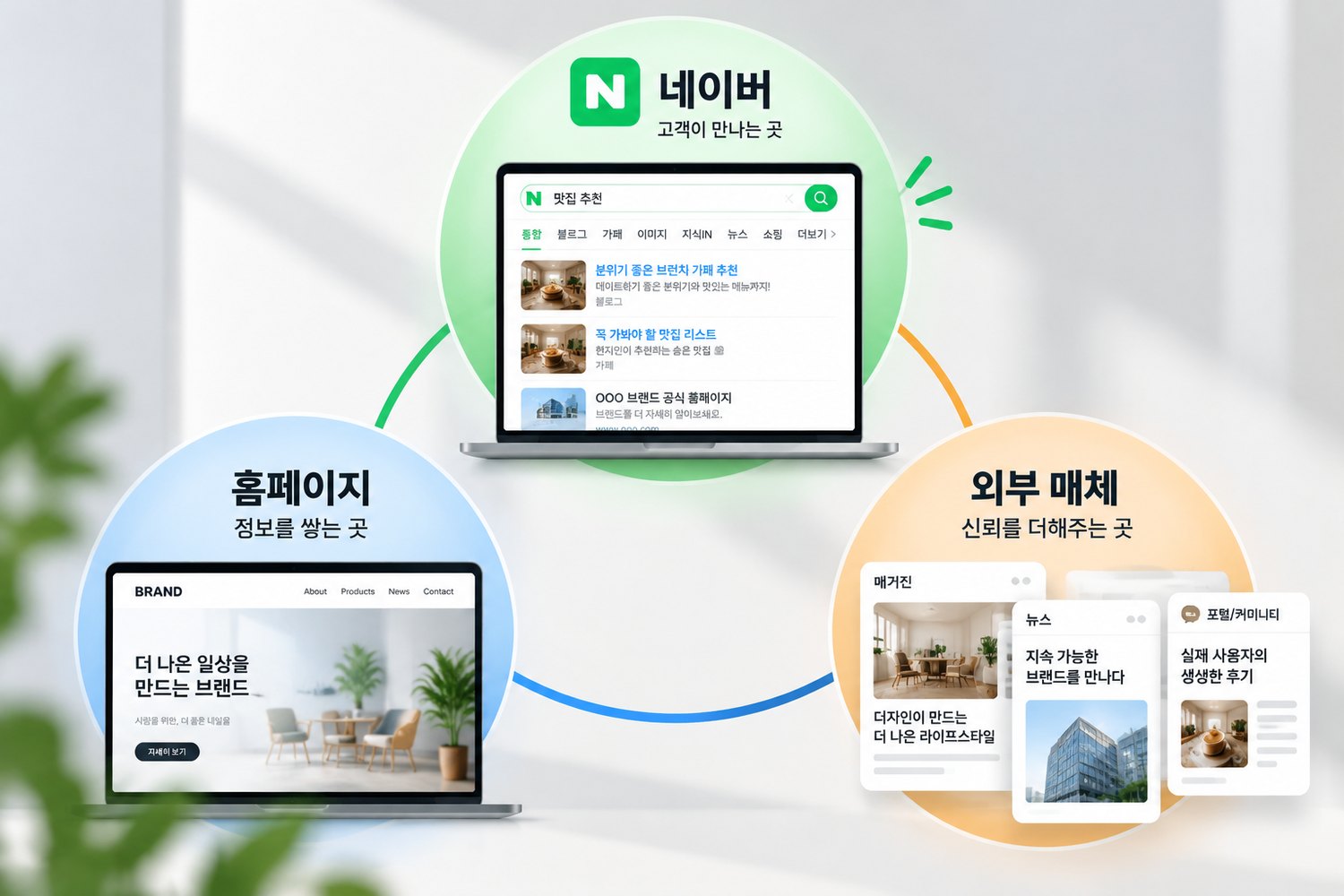 네이버, 자사 홈페이지, 외부 매체의 역할을 나눈 구조도